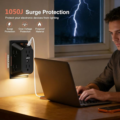 Multi Plug Outlet Surge Protector with Night Light, 6 Outlet Splitter with 4 USB Ports (2 USB C), 4 Sided 1050j Surge Protector Power Strip for Home Office Dorm Essentials-Black