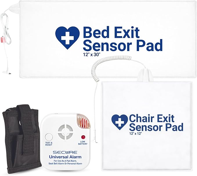 Secure Safety Solutions Chair and Bed Alarm for Elderly Fall Prevention - 80 dB Monitor, 12x12 and 12x30 Sensor Pads - Caregiver Alert System for Seniors, Dementia Patient Monitoring, Home Care Safety