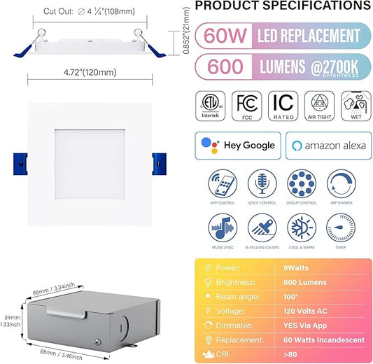 4 Inch LED Smart Slim Recessed Pot Light, Square, WiFi APP & Voice Control, 120V, 9W, 600LM, RGB + 2700K-6000K, ETL & FCC & IC Rated, Wet Location, Works with Alexa/Google Home, White -1Pack