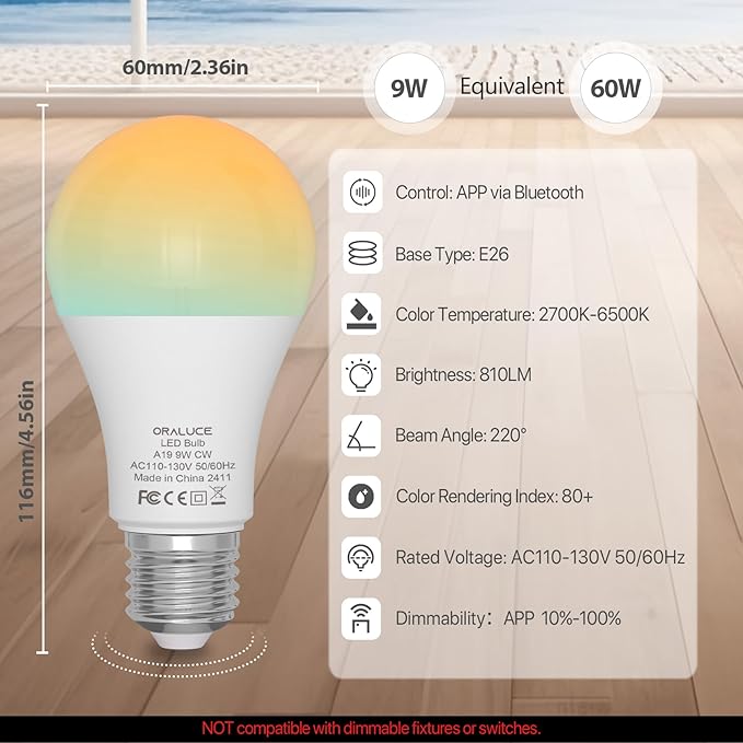 ORALUCE Bluetooth Smart Light Bulb 60 Watt Equivalent, Dimmable 2700-6500K Lightbulbs E26 Base, A19 9W LED Light Bulbs for Lamp, Bedroom, 4 Pack (No WiFi Connection)