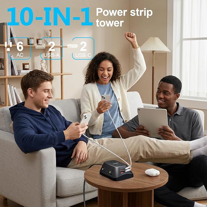 JcBlaon Outlet Extender Surge Protector, 6 Outlet Splitter with 4 USB Ports (2 USB C), 4 Sided 1050 J Multi Plug Wall Adapter Power Strip for Home Office Kitchen Travel