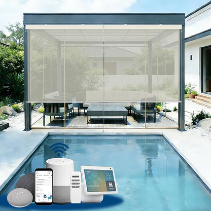 Motorized Outdoor Shades, Custom Patio Roller Blinds with Remote, Smart Exterior Sun Shades Compatible with Alexa, HomeKit, Google Home (3% Openness Beige)