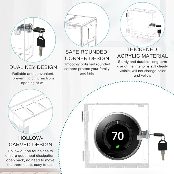 SUTINE Thermostat Lock Box with Key, Universal Thermostat Cover with Lock, Small Thermostat Lock Box Guard, Clear AC Lock Box Compatible with Nest Thermostat On Wall 4.8" H x 4.53" W or Smaller