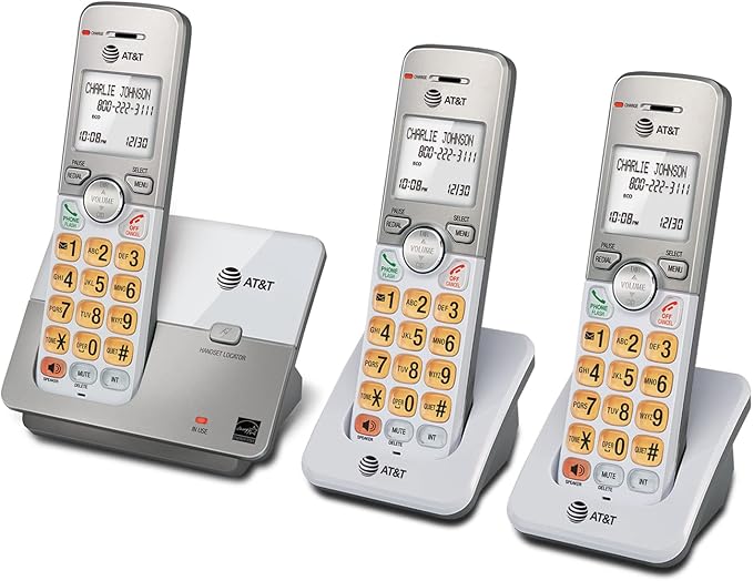 AT&T EL51303 3 Handset DECT 6.0 Cordless Home Phone Full-Duplex Handset Speakerphone,Backlit Display, Lighted Keypad,Caller ID/Call Waiting,Phonebook, Eco Mode,Voicemail Key,Quiet Mode,Intercom,Silver