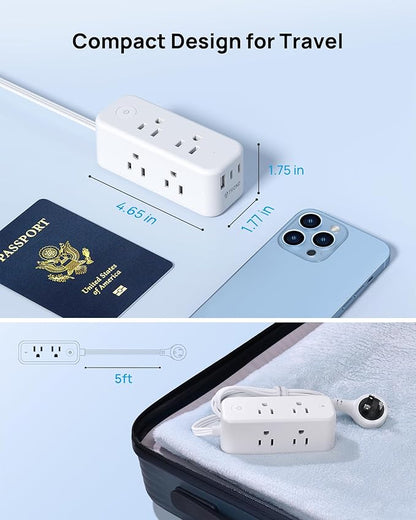 TROND Power Strip with 360 Flat Rotating Plug, Extension Cord Flat Wall Plug with 6 Widely Spaced Outlets, 2 USB C and 1 USB A, 1440J Surge Protector, Extension Cord 5ft for Home Travel Office, White