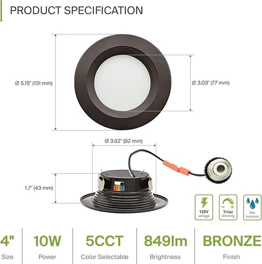 ASD 6 Pack Bronze 4 Inch Retrofit LED Recessed Light - 10W 2700K-5000K 849LM Retrofit LED Recessed Lighting 4 Inch, Dimmable Bronze Recessed Lights, Wet Rated Baffle Trim Can Lights, ETL, Energy Star