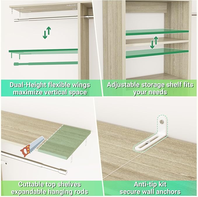 Besiost 4FT Small Closet Organizer System with 4 Hanging Rods & 3 Shelves | 48" Closet System for Small Closets, 80" H Small Closet Organizers and Storage for Bedrooms, Cloakrooms, White Oak