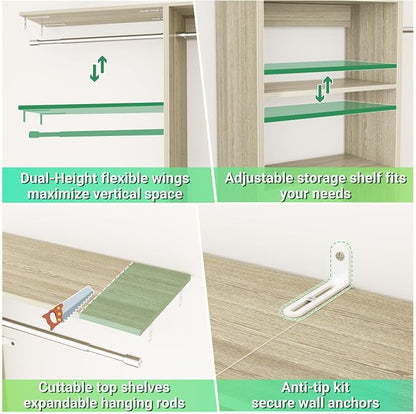 Besiost 4FT Small Closet Organizer System with 4 Hanging Rods & 3 Shelves | 48" Closet System for Small Closets, 80" H Small Closet Organizers and Storage for Bedrooms, Cloakrooms, White Oak