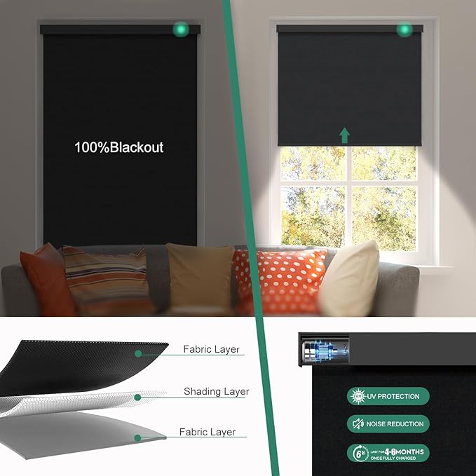 Motorized Blinds with Remote [100% Blackout & Silent Motor] Smart Blinds Compatible with Alexa Google HomeKit, Electric Roller Shades for Indoor Windows, Customized Size, Mist Ultra Black