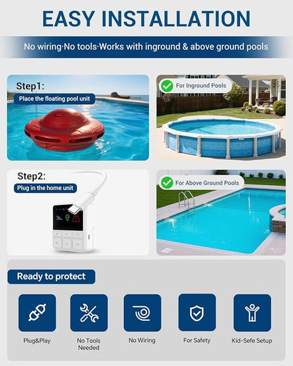 Smart Pool Alarm with App for Inground & Above Ground Pools, Adjustable Sensitivity Water Detection Alarm up to 20x40ft, 85dB+ Safety Alerts for Kids, Pets & Accidental Entry(Red)