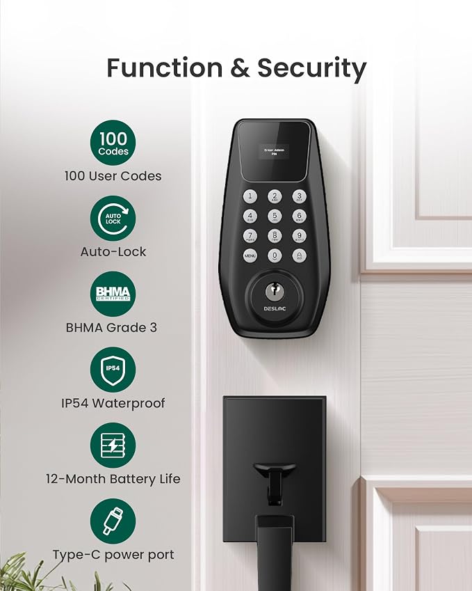 DESLOC C100 Keyless Entry Door Lock with Handle Set, Visual Display | Smart Deadbolt Lock with 100 PIN Codes, Passage Mode, 2 Keys, IP54 Weather Resistance, 12-Month Battery, Auto Lock, Black