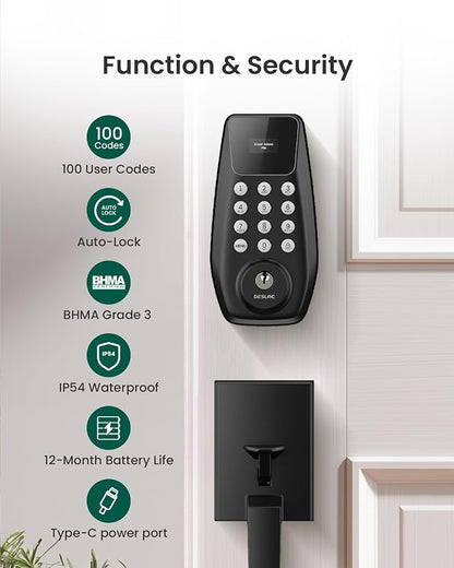DESLOC C100 Keyless Entry Door Lock with Handle Set, Visual Display | Smart Deadbolt Lock with 100 PIN Codes, Passage Mode, 2 Keys, IP54 Weather Resistance, 12-Month Battery, Auto Lock, Black