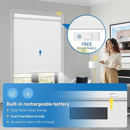Motorized Blinds with Remote, [Free Solar Panels] Cordless Smart Blinds with Valance Cover, Blackout Electric Automatic Roller Shades for Windows White 30½"W x 72" H
