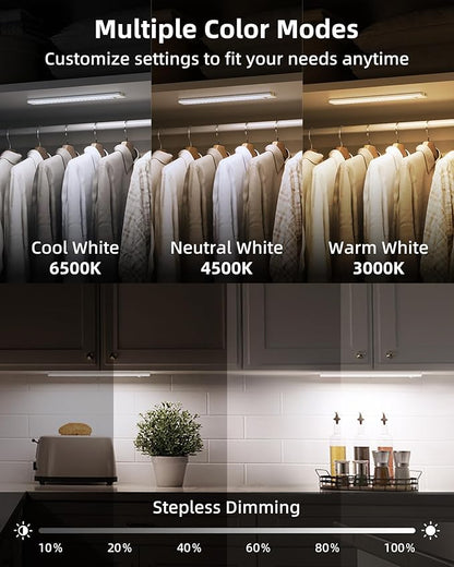 10inch Under Cabinet Lights, Wireless Closet Light, Motion Sensor, 1800mAh Rechargeable Battery, Magnetic, 3 Color Temps, 5 Levels Dimmable, Under Counter Lights for Kitchen (2 Pack)