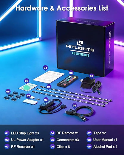 HitLights LED Strip Lights 3 Pre-Cut 12Inch/36Inch LED Light Strip Flexible Color Changing 5050 LED Accent Kit with RF Remote, Power Supply, and Connectors for TV, Home, DIY Decoration