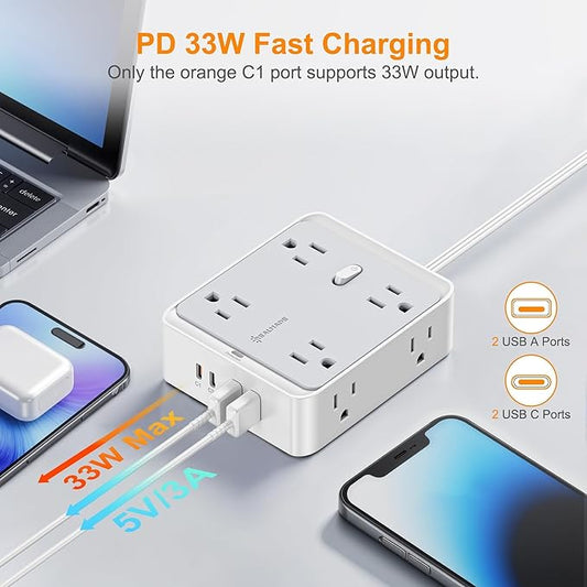 33W Fast Charging Extension Cords, 12-in-1 Extension Cord with USB Ports, Flat Wall Extension Cord with 8 AC Outlets 2 USB-A and 2 USB-C, Flat Plug Extension Cord with 950J Surge Protection for Home