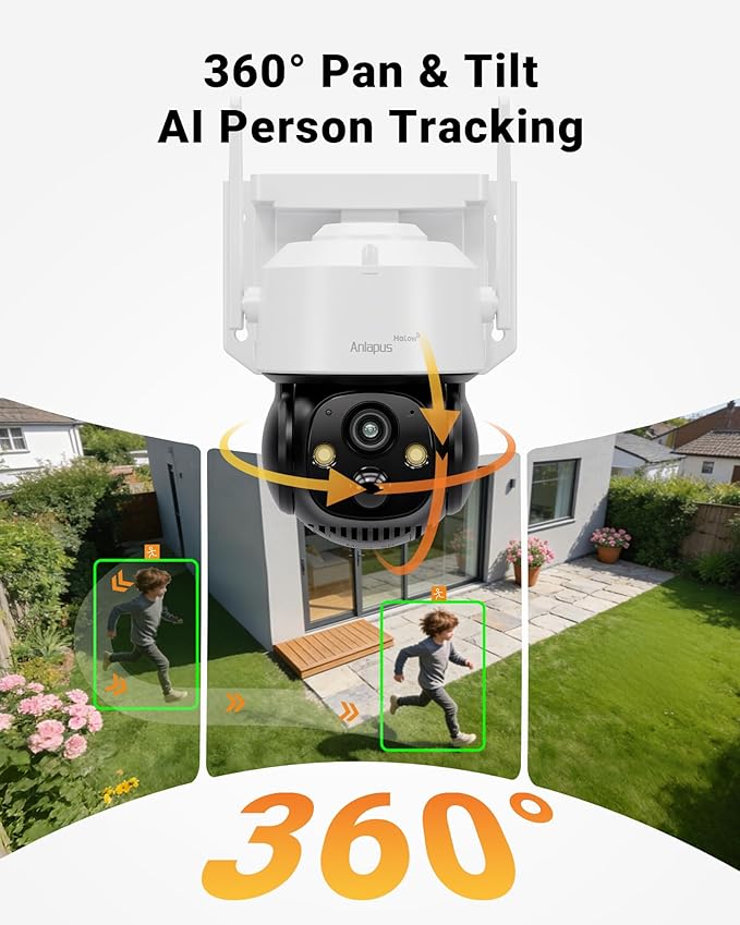 Anlapus Solar Security Camera Wireless Outdoor, 2.5K Pan/Tilt 4-Cam Kit with Solar Panel, Wireless Home Security Camera System with PIR/AI Detect, Color Night Vision, No Monthly Fee, 32GB Memory Card