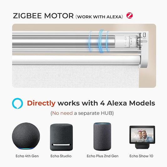 Allesin Smart Zigbee Roller Shades with Alexa Control, Blackout Motorized Blinds, No Hub Needed, Custom Sizes, Remote Included, (White, 35" W x 72" H)
