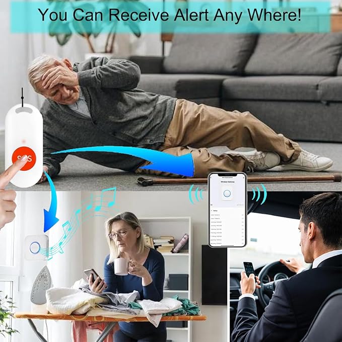WiFi Caregiver Pager Wireless Call Button Nurse Alert System for Home/Elderly/Patient/Disabled with Phone App Two Call Button One WiFi Receiver(only Supports 2.4GHz Wi-Fi)