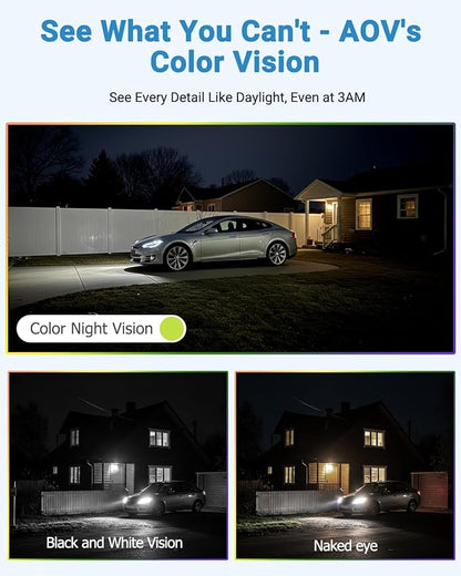 Solar Camera Security Outdoor - AOV 24/7 Recording Security Cameras Wireless Outdoor with 360° View, Human Auto Tracking, 2K Night Vision, Compatible with Alexa/Google Assistant (4 Pack)