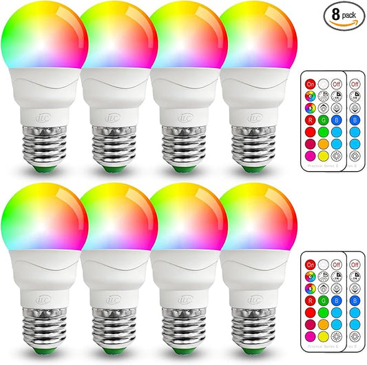 ILC RGB LED Light Bulb, Color Changing 40W Equivalent, 5700K Daylight White, 450LM 5W E26 Screw Base RGBW, Mood Light Bulb - 12 Color Choices - Timing Infrared Remote Control Included (8 Pack)