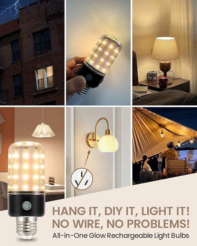 HYPERBLAZE Battery Operated Light Bulb, 72-LED Super Bright Corn Light Bulb with Wide Bright & 3 Colors & Dimmable, Rechargeable Light Bulbs with Remote for Non-Hardwired Sconces and Lamps, 2 Pack