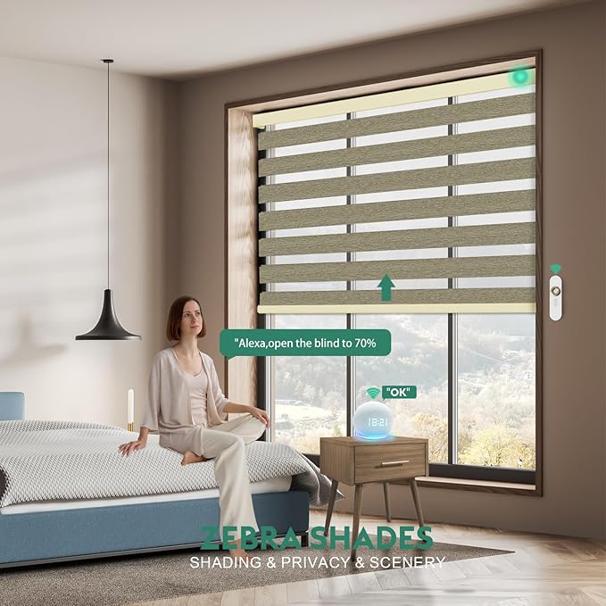 Motorized Zebra Blinds with Remote, Work with HomeKit Alexa Automatic Electric Window Shades 95% Blackout Light Filtering for Smart Home and Office, Customized Size Modern Brown