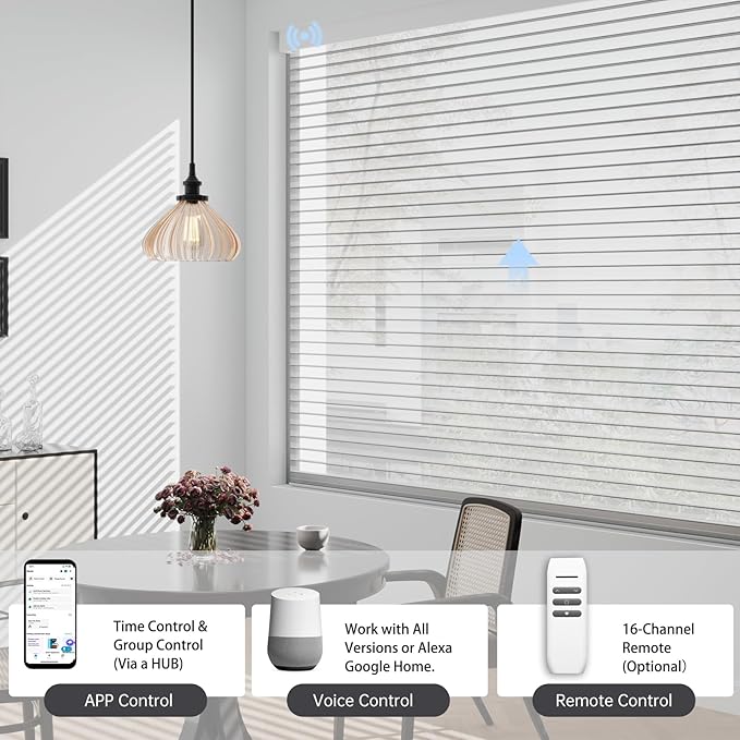 Motorized Sheer Shades with Remote, Automatic Dual-Layered Shades for Windows, Smart Light Filtering Blinds Compatible with Alexa, Custom Size (Room Darkening White)
