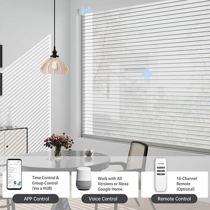 Motorized Sheer Shades with Remote, Automatic Dual-Layered Shades for Windows, Smart Light Filtering Blinds Compatible with Alexa, Custom Size (Room Darkening White)