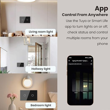 Smart Switch Neutral Wire Optional,APP Control,Black 2 Button | 4.65 X 2.83 X 1.34 Inches,Only 2.4GHz Wi-Fi,Voice Control,Work with Tuya/Smart Life/Alexa,Tempered Glass Panel