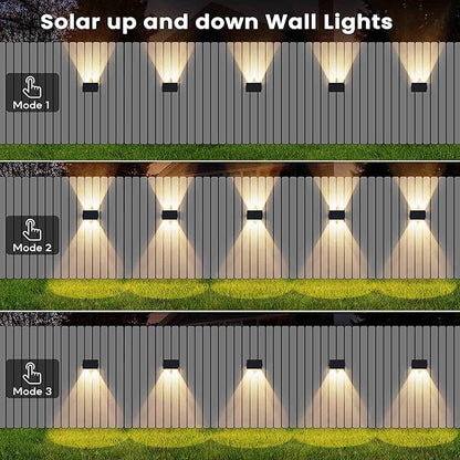 Fence Lights Solar Powered, 4-Pack Solar Fence Lights Up/Down Flexible Buttons, IP67 Waterproof for Outdoor, 100LM Bright, Auto Dusk to Dawn for Wall/Stairs/Yard/Railing/Deck/Pathway (Warm White)