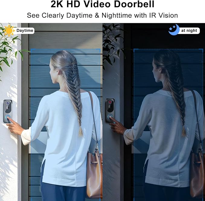 Doorbell Camera Wireless No subscription Required, 2K HD Battery Powered Smart Video door bell Camera with Chime, Wide Angle, Motion Alerts&Two‑Way Talk, Night Vision, Works with Alexa ,2.4G WIFI Only