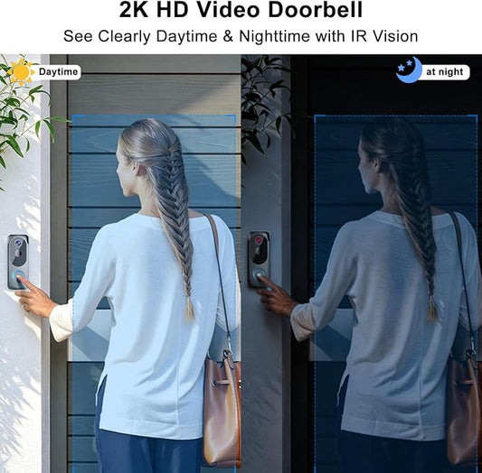 Doorbell Camera Wireless No subscription Required, 2K HD Battery Powered Smart Video door bell Camera with Chime, Wide Angle, Motion Alerts&Two‑Way Talk, Night Vision, Works with Alexa ,2.4G WIFI Only