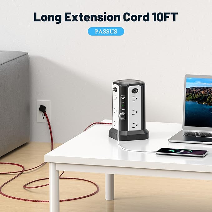 PD65W USB C Fast Desktop Charging Station, PASSUS Surge Protector Power Strip with 12 AC Outlets|4 USB C|1 USB A, 10FT Extension Cord with Overload Protection for Home Office Dorm