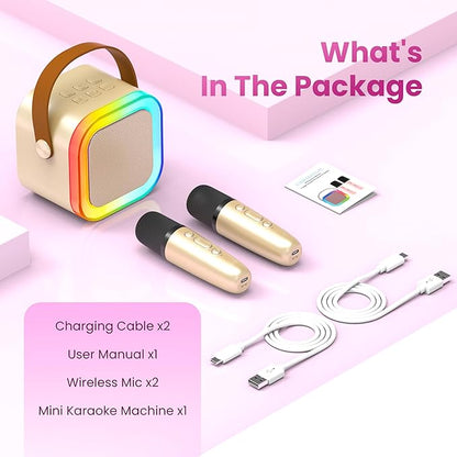 Mini Karaoke Machine for Kids Adults, 2026 TOP Birthday Gifts for Girls Boys 3,4,5,6,7,8+Year Old Toddler Toys, Portable Bluetooth Speaker with 2 Wireless Karaoke Microphones Player (Gold)
