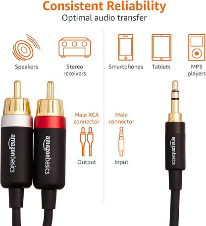 Amazon Basics 3.5mm Aux to 2 RCA Audio Cable for Amplifiers, Active Speakers, Smartphones, Tablet with Gold-Plated Plugs, Stereo Audio, 15 Feet/4.6 m, Black