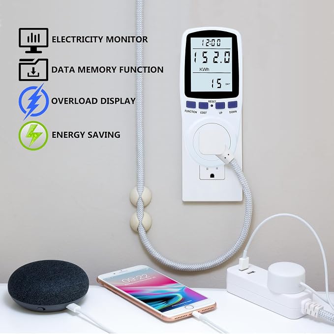 Upgraded Watt Meter Plug in Power Meter Home Energy Monitor Power Consumption Meter, Energy Voltage Amps Kill Tester with White Backlight, Overload Protection, 7 Modes Display
