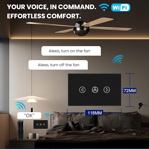 Smart Fan Switch 4.65 X 2.83 X 1.34 Inches,2.4GHz Wi-Fi Touch Switch,Neutral Wire Required,Work with Smart Life/Tuya App,Tempered Glass Panel,Black