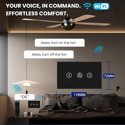Smart Fan Switch 4.65 X 2.83 X 1.34 Inches,2.4GHz Wi-Fi Touch Switch,Neutral Wire Required,Work with Smart Life/Tuya App,Tempered Glass Panel,Black