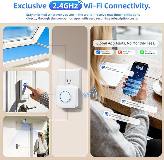 WiFi Sensor, Smart Motion Detector Kit with Phone App Alerts, Includes Gateway Hub, PIR Motion Sensor, Doorbell Button, Door Sensor, DIY Burglar Alarm for Home Business Apartment (Only 2.4GHz)