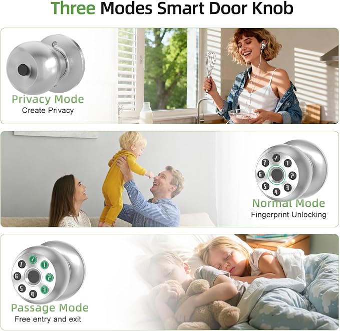 Fingerprint Door Knob, Smart Door Knob, Biometric Door Knob with Code, App Control, Auto Lock, Fingerprint Door Lock,Thumb Print Door Knobs for Bedroom, Office, Apartment,Satin Nickel