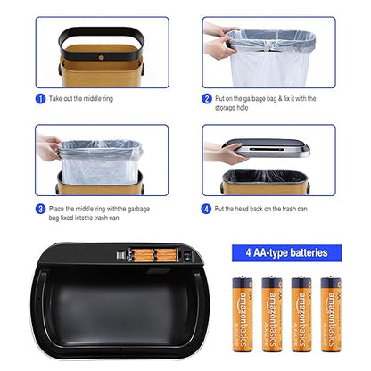 pouseayar 13 Gallon Smart Automatic Trash Can with Lid, Stainless Steel Thickened Body & Super Mute Sensor Lid with 30 Count Garbage Bags for Kitchen Office Bedroom Waste Bin and More - Wood Color