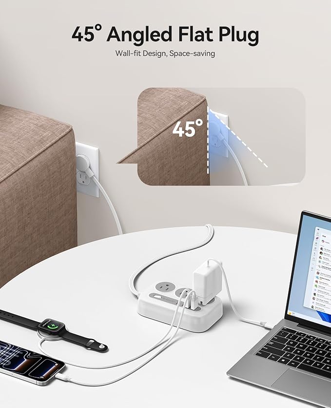 ORICO Surge Protector Power Strip, PD20W Multiple Outlets Extension Cord with 6 AC Outlets and 4 USB Charging Ports (2 USB-C), 45° Flat Plug, 10 Ft Mountable Outlet Extender for Home/Office/Dorm - OG
