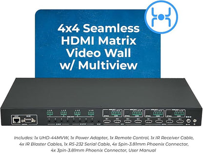 OREI 4K 4x4 HDMI Matrix Video Wall Controller Processor Multiviewer Display Upto 4K 60hz 2x1, 1x2, 1x3, 1x4 Supports 180 Degree Rotate RS-232 Audio Extraction (UHD-44MVW)