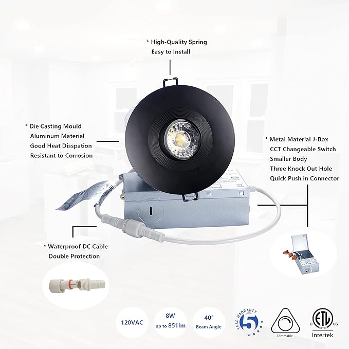 POPANU Premium Canless Recessed Gimbal Downlight Rotatable-Spotlight 5 CCT 4 Inch Eyeball Ceilling Potlight, Dimmable Lights Fixture with Junction Box, 8W Black Round Trim, with Baffle, 6P