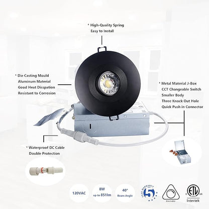 POPANU Premium Canless Recessed Gimbal Downlight Rotatable-Spotlight 5 CCT 4 Inch Eyeball Ceilling Potlight, Dimmable Lights Fixture with Junction Box, 8W Black Round Trim, with Baffle, 6P