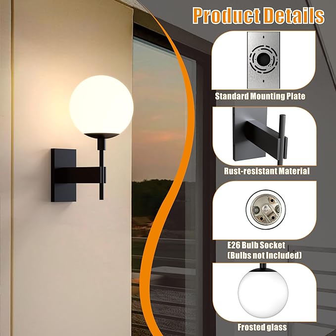 Hyunbae Outdoor Wall Sconce, 18.1" Large Size Wall Light, Exterior Light Fixtures Wall Mount for House, Globe Glass Front Porch Lights, Waterproof Outside Lighting Sconce Lamp with E26 Base