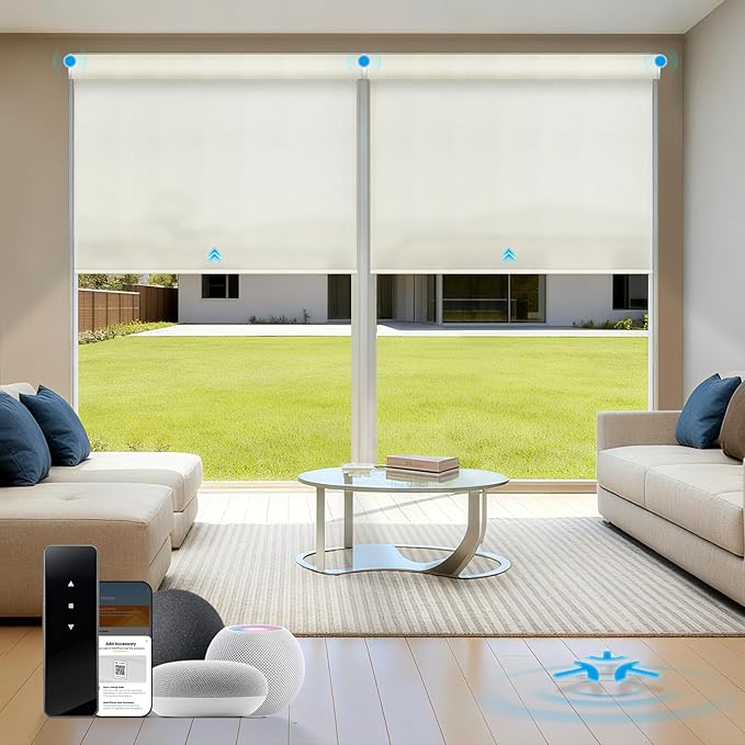 Motorized Blinds with Remote, Light Filtering Roller Shades for Indoor Windows, Smart Automatic Blinds Compatible with Alexa/Homekit/Google, Custom Size (Light Filtering-TexturaLux Linen)