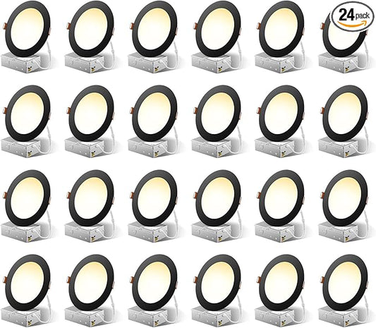 FREELICHT 24 Pack 6 Inch 5CCT Ultra-Thin LED Recessed Ceiling Light with Junction Box, 2700K-5000K Selectable, 1050LM Brightness, Dimmable Canless Wafer Downlight, 12WEqv110W-ETL&FCC,Black