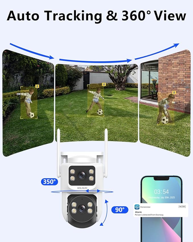 WEILAILIFE 【2-Way Audio & Auto Tracking】 4MP Extend PTZ Security Cameras Wireless Outdoor, WiFi Home Video Surveillance Camera(1 Pack)